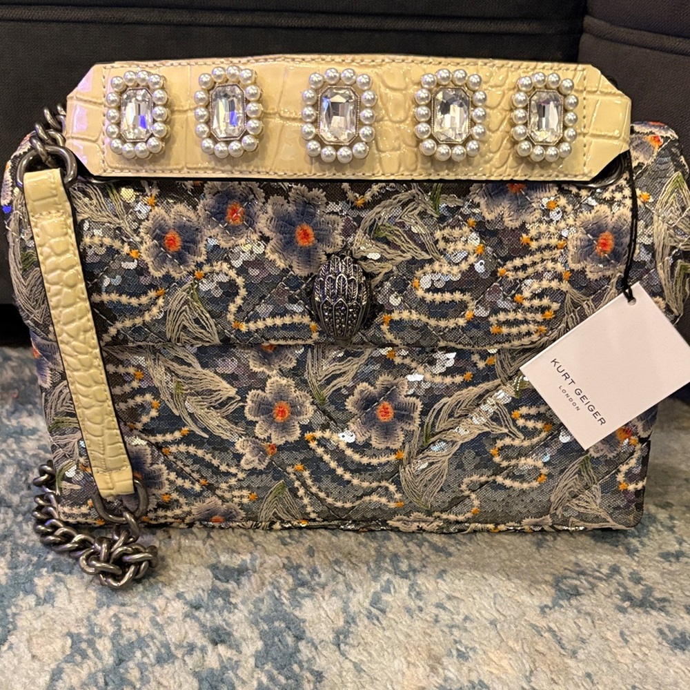 Kurt Geiger Floral Embellished Shoulder Bag - Cream and Blue